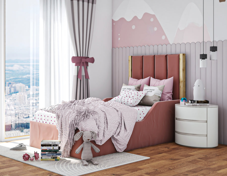 Kids' bedroom with a stylish pink bed featuring a unique tall headboard, complemented by a charming white nightstand and playful decor. Natural light floods the room, creating a bright and inviting space perfect for your child's comfort and creativity.