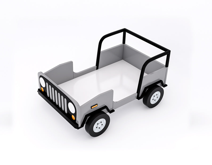 Children's jeep-themed bed in grey and black, designed to resemble a realistic vehicle with detailed features such as wheels, headlights, and a roll bar. The bed provides a fun and adventurous sleeping space for kids, combining imaginative play with functionality.