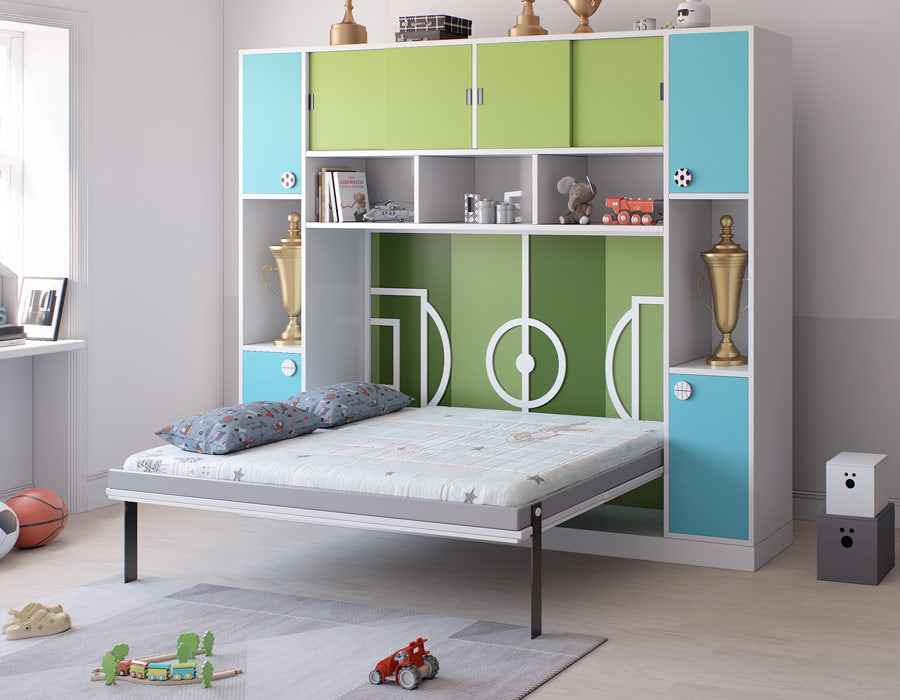 A multi-functional wall bed for children with overhead storage, featuring a bright green and blue football theme and space for trophies and toys.