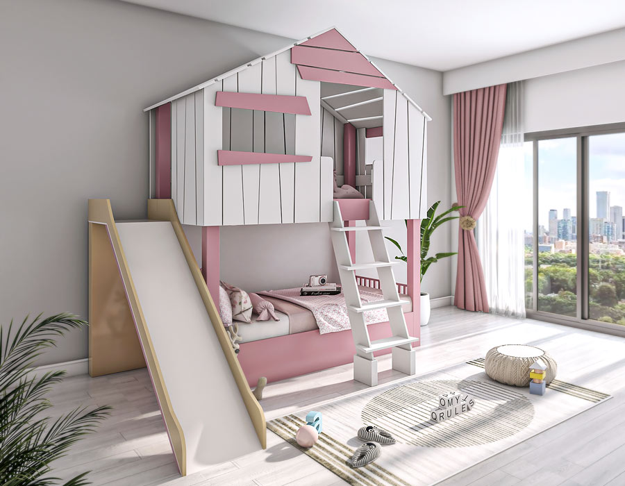 Modern and chic children's room featuring a custom-designed playhouse bed in white and soft pink, complete with a slide and a ladder for easy access. The room is elegantly furnished with matching pink bedding, decorative pillows, and a cozy reading nook inside the playhouse. Additional elements include a stylish round rug with playful text, toys scattered around, a potted plant, and large windows draped in pink curtains, offering a panoramic view of the cityscape.