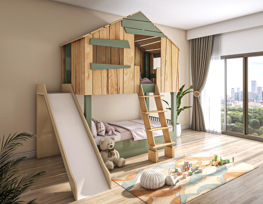 Modern children's room featuring a unique cabin-shaped bed with a built-in slide and ladder, surrounded by plush toys, a play mat with blocks, and a vibrant city view from large windows. The room has a light wooden floor and is adorned with greenery and soft, natural light, creating a playful yet serene space.
