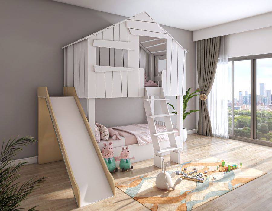 Bright and playful children's room showcasing a custom beach house-inspired bed with a slide and ladder, painted in white. The bed features plush bedding, pink pillows, and stuffed animals. The room is adorned with a colorful floor mat, assorted toys, and a large window with long drapes, providing a view of the city skyline. A lush potted plant adds a touch of greenery to the space.