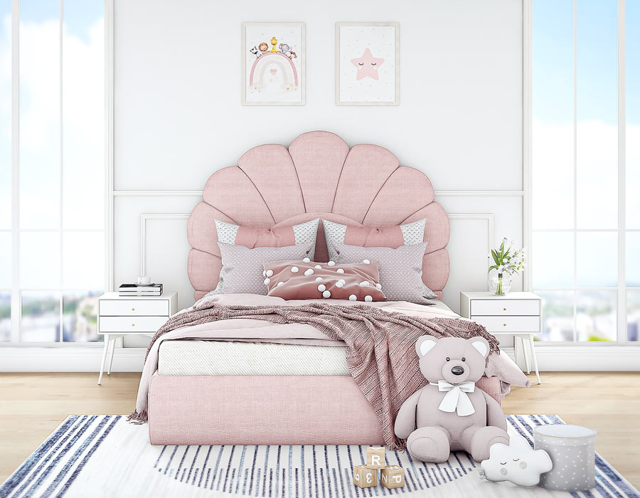 Front view of a cozy girl's bedroom featuring a stylish pink bed with a unique scalloped headboard, adorned with plush pillows and a soft throw. The room is bright and airy with large windows, minimalist white walls, and a white bedside table holding a vase with fresh flowers. A cute teddy bear sits on the floor next to playful blocks and a fuzzy storage bin, creating a charming and inviting space for a child.