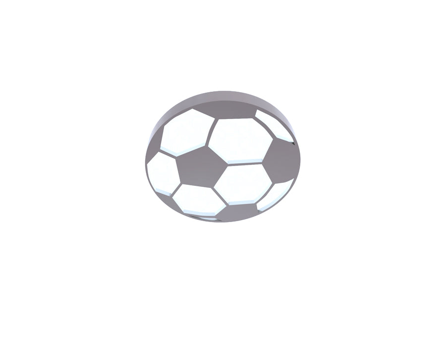 Minimalistic football-shaped ceiling light fixture in a children's room with a soft, white and grey color scheme.
