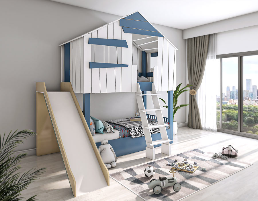 Modern children's bedroom featuring a custom-designed bed shaped like a white and blue beach hut with a slide and a ladder. The bed includes cozy bedding and decorative pillows, positioned next to a large window with sheer curtains, overlooking a cityscape. The room is accessorized with plush toys, a soccer ball, and toys on a patterned area rug.