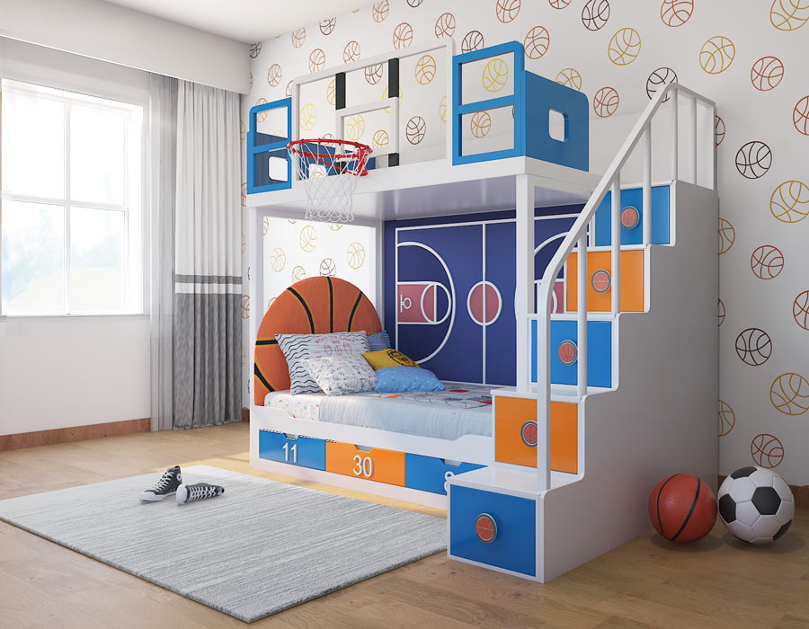 Jordron basketball themed bunk bed for kids in Knicks blue and orange with mounted hoop, backboard, and basketball-court bedroom setting