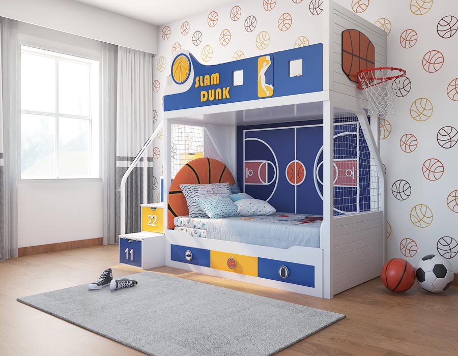 Slam Dunk basketball themed bunk bed for kids in Warriors blue and gold with banner headboard, side-mounted hoop, and basketball court bedroom setting