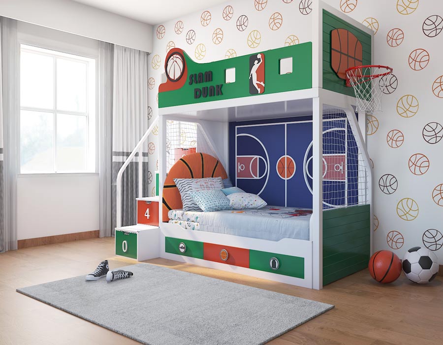 Slam Dunk basketball themed bunk bed for kids in Celtics green and red with banner headboard, side-mounted hoop, and basketball court bedroom setting