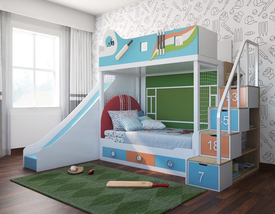 Cricket-themed kids' bunk bed with a slide and storage staircase. Designed with vibrant colors, featuring a green cricket pitch backdrop, numbered storage drawers, and a net panel. Includes a lower sleeping area, slide on the left, and wooden flooring with cricket accessories.