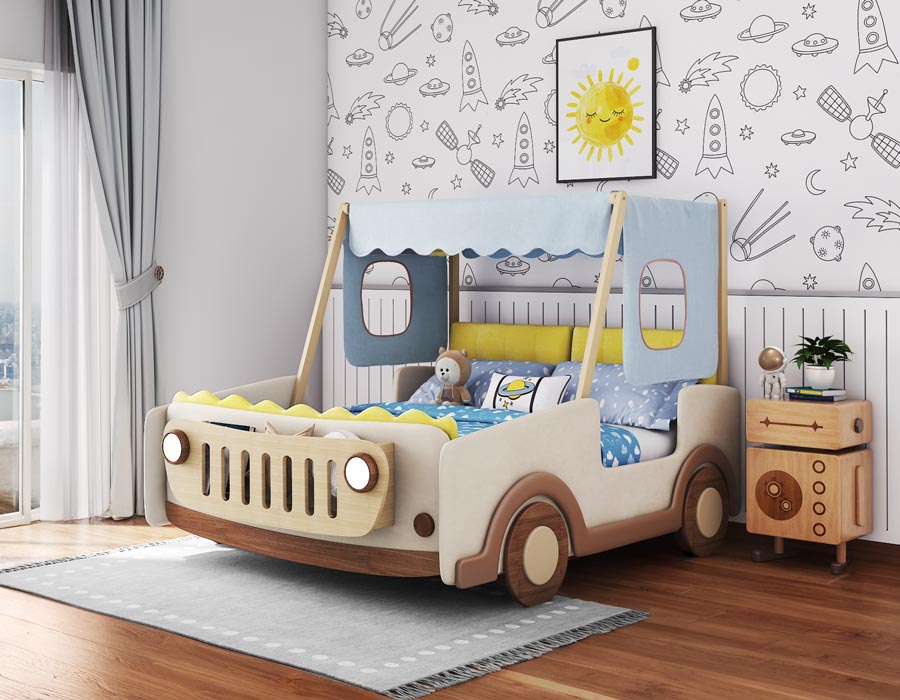 Adventure-themed kids' bed in the shape of a vintage jeep with a canopy. The bed features playful details like wooden headlights, soft beige and yellow accents, and a blue polka-dot canopy with windows. The room is styled with a space-themed wallpaper and a wooden nightstand for added charm.