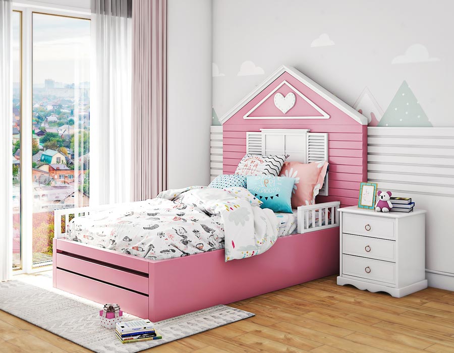 Bright and charming children's bedroom featuring a pink bed with a house-shaped headboard, white shutters, and a heart decoration. The bed is adorned with colorful bedding and pillows, creating a cozy and inviting space. The room includes a white bedside table with books and a toy, large windows with pink curtains, and wall decor with mountain and cloud designs. A soft rug and natural light enhance the playful and cheerful atmosphere.