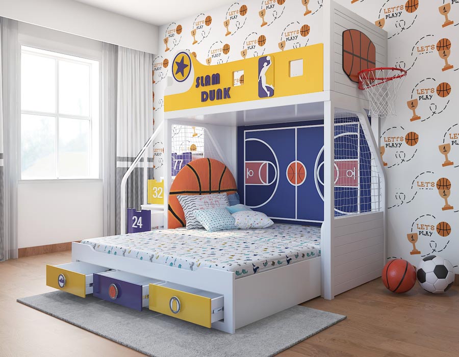 Slam Dunk basketball themed bunk bed for kids in Lakers purple and gold with banner headboard, side-mounted hoop, and basketball court bedroom setting
