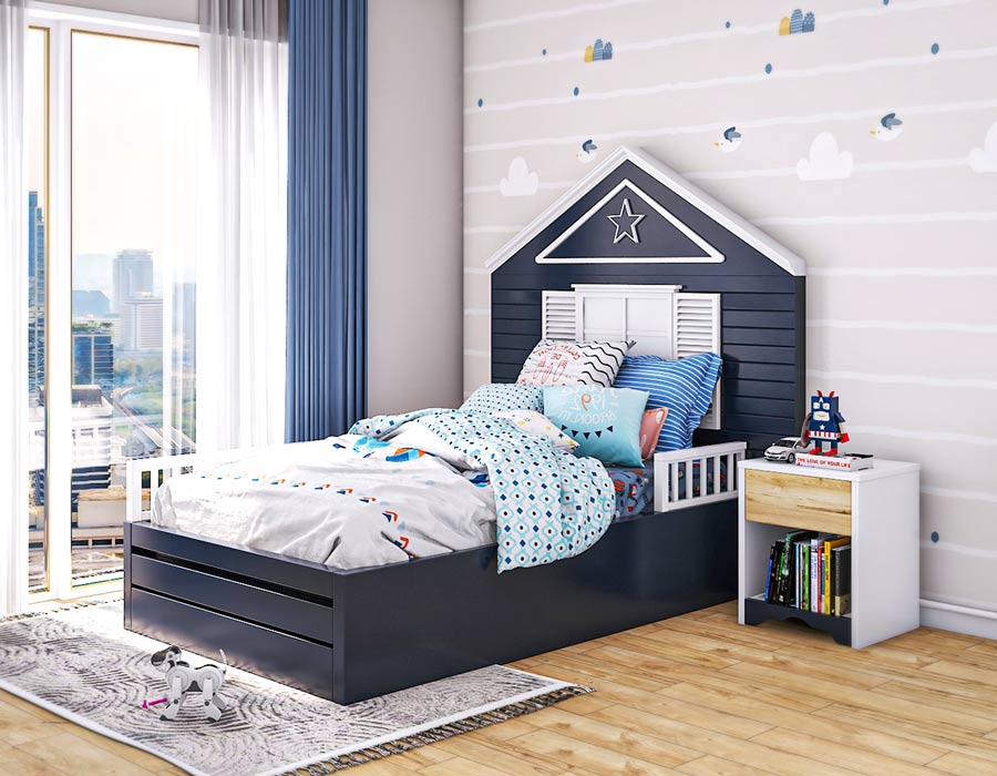 Bright and cheerful children's bedroom featuring a navy blue bed with a unique house-shaped headboard, complete with shutters and a star decoration. The bed is adorned with colorful bedding and pillows. The room includes a white bedside table with books and a toy robot, large windows with blue curtains, and a playful wall design with clouds and birds. A soft rug and a toy unicorn add to the cozy and inviting atmosphere.