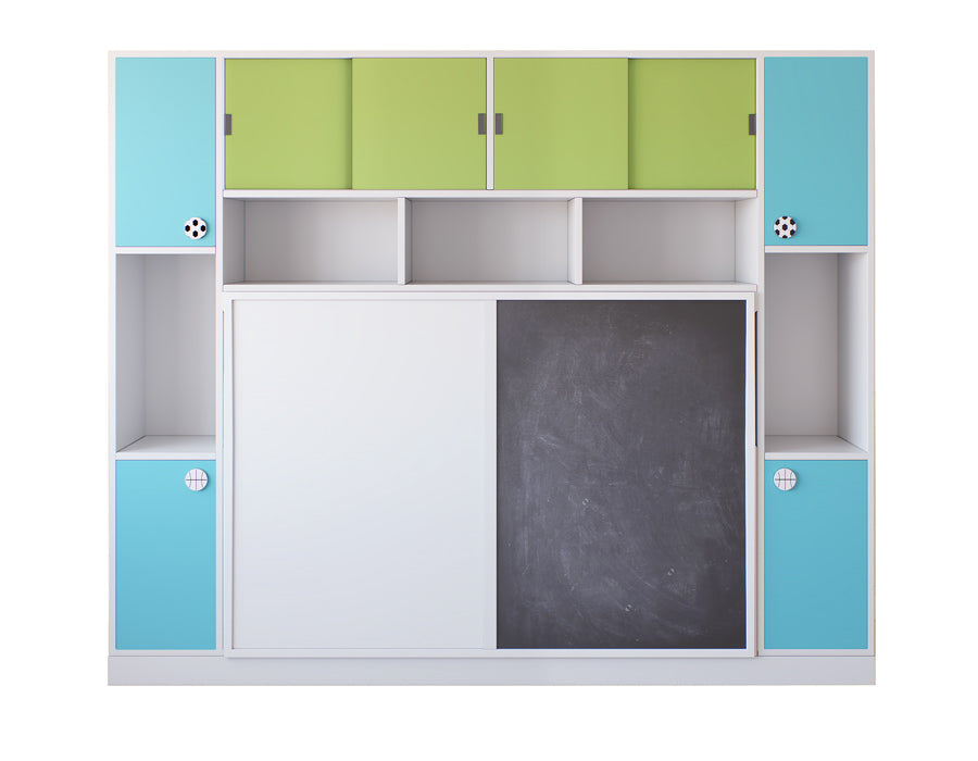 Closed wall bed unit in a child's room with green and blue storage compartments and a blackboard, showcasing smart space utilization and fun design.