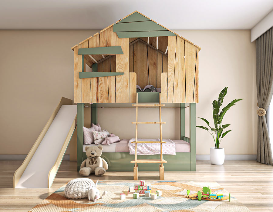 Front view of a modern children's room featuring a unique cabin-shaped bed with a built-in slide and ladder, surrounded by plush toys, a play mat with blocks, and a vibrant city view from large windows. The room has a light wooden floor and is adorned with greenery and soft, natural light, creating a playful yet serene space.