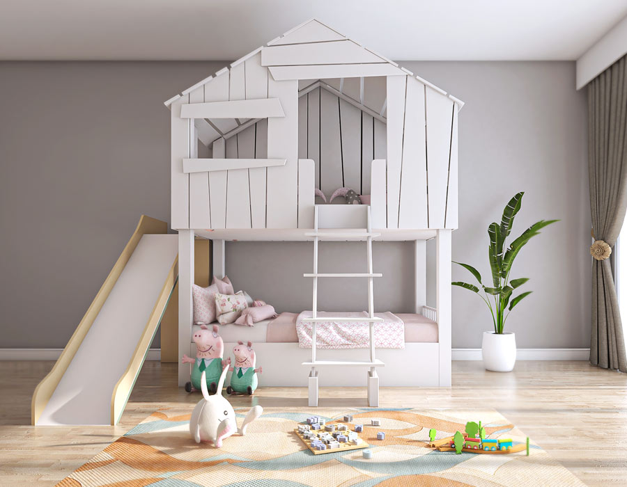 Front view of a bright and playful children's room showcasing a custom beach house-inspired bed with a slide and ladder, painted in white. The bed features plush bedding, pink pillows, and stuffed animals. The room is adorned with a colorful floor mat, assorted toys, and a large window with long drapes, providing a view of the city skyline. A lush potted plant adds a touch of greenery to the space.