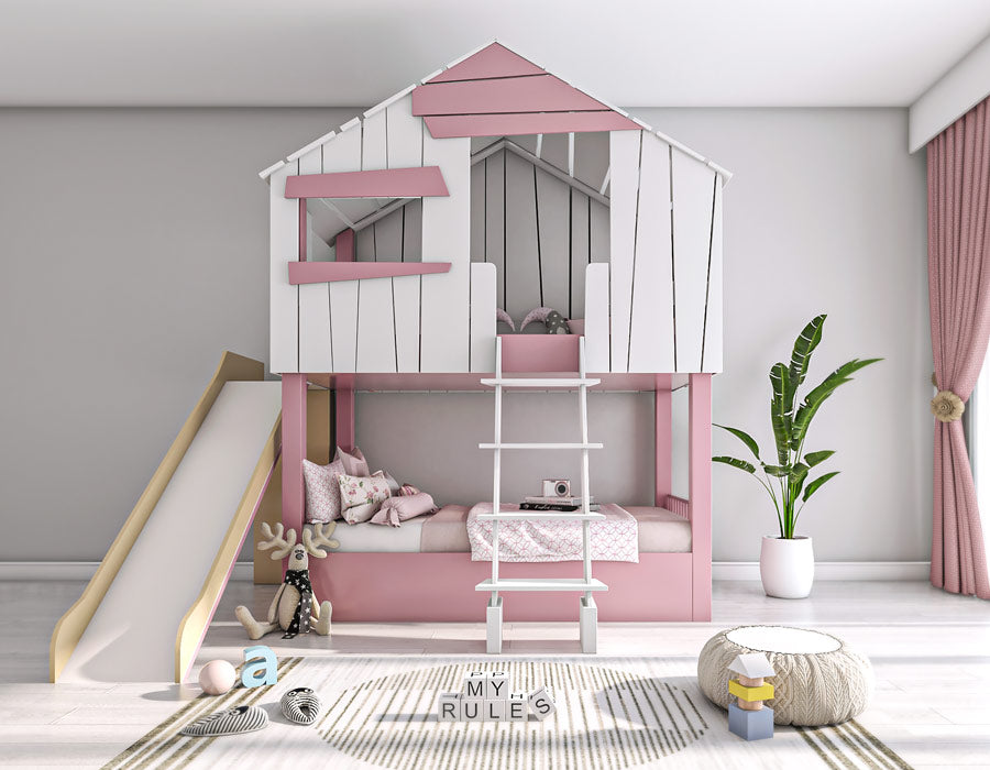 Front view of a modern and chic children's room featuring a custom-designed playhouse bed in white and soft pink, complete with a slide and a ladder for easy access. The room is elegantly furnished with matching pink bedding, decorative pillows, and a cozy reading nook inside the playhouse. Additional elements include a stylish round rug with playful text, toys scattered around, a potted plant, and large windows draped in pink curtains, offering a panoramic view of the cityscape.