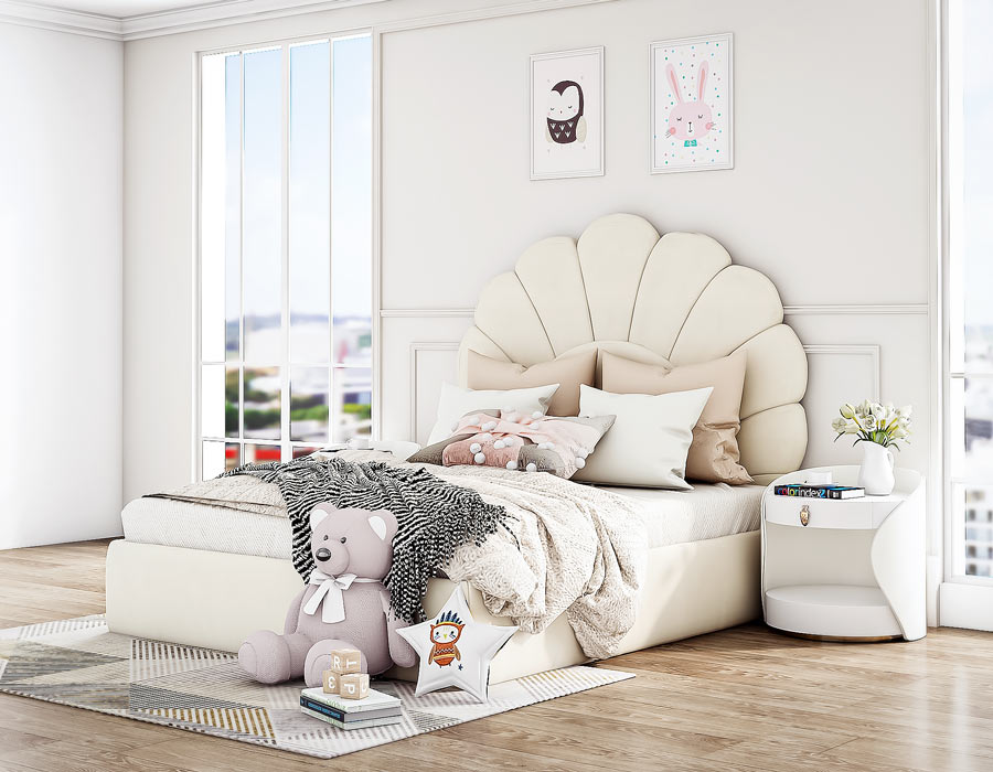 Cozy girl's bedroom featuring a stylish Off-white bed with a unique scalloped headboard, adorned with plush pillows and a soft throw. The room is bright and airy with large windows, minimalist white walls, and a white bedside table holding a vase with fresh flowers. A cute teddy bear sits on the floor next to playful blocks and a fuzzy storage bin, creating a charming and inviting space for a child.