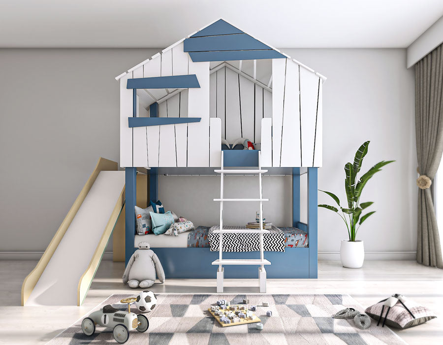 Front view of a modern children's bedroom featuring a custom-designed bed shaped like a white and blue beach hut with a slide and a ladder. The bed includes cozy bedding and decorative pillows, positioned next to a large window with sheer curtains, overlooking a cityscape. The room is accessorized with plush toys, a soccer ball, and toys on a patterned area rug.