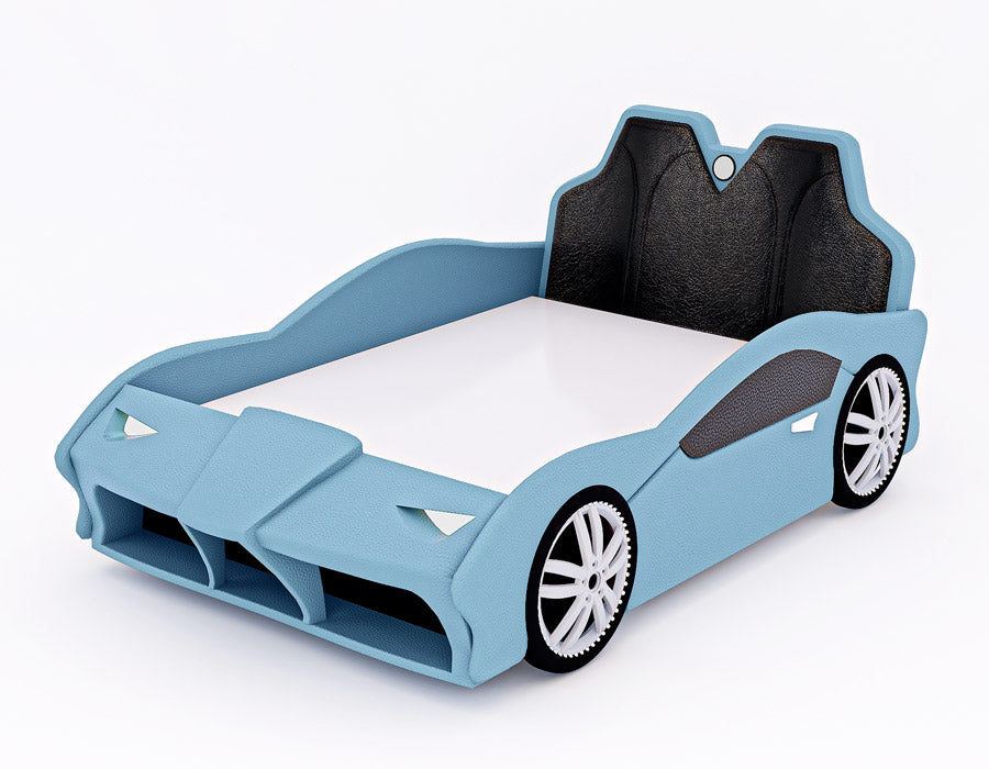 Red car-shaped children's bed with a sleek, sporty design and integrated cushioned headboard resembling car seats. The bed features detailed wheel designs and front bumper elements, creating a realistic automotive appearance. The bed frame is designed to look like a race car, perfect for a car-themed bedroom.