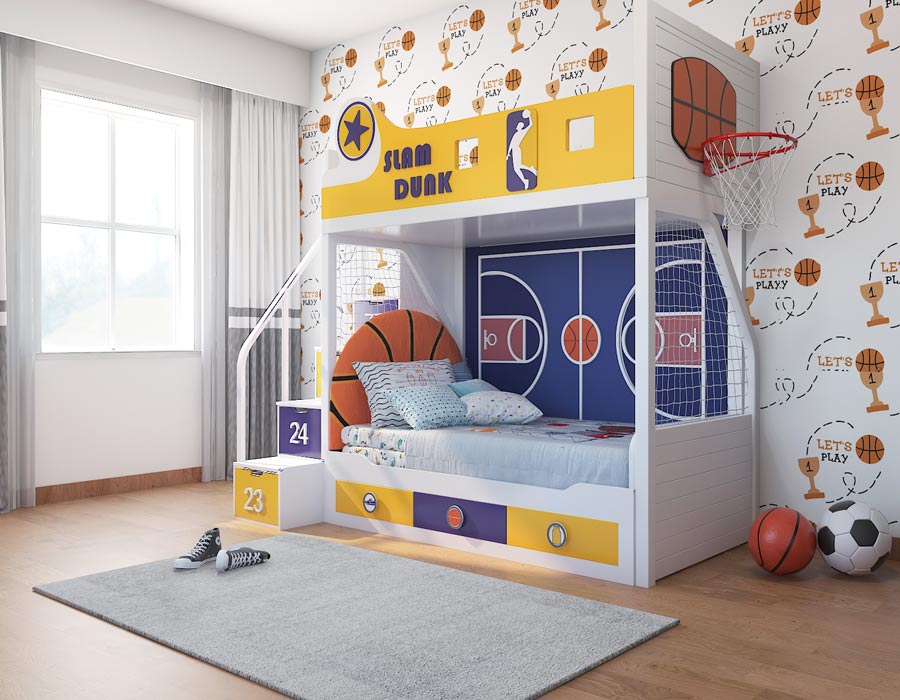 Slam Dunk Lakers colourway bunk bed with same-level trundle pulled out — purple and gold basketball themed kids bed with staircase storage drawers numbered 77, 32, 24, 23