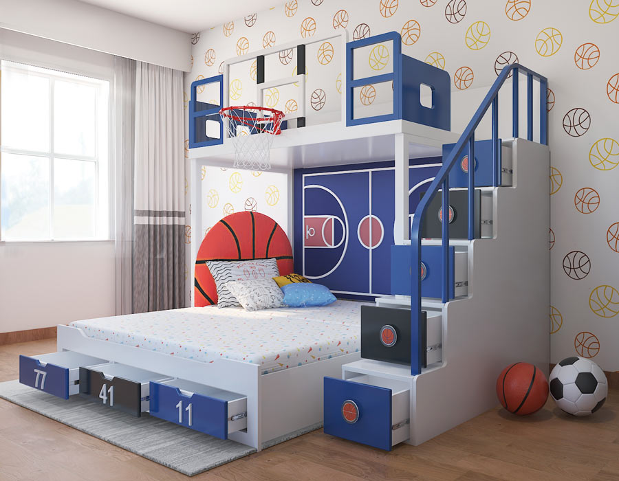 Jordron bunk bed with same-level trundle pulled out — basketball themed kids bed with storage drawers numbered 77, 41, 11