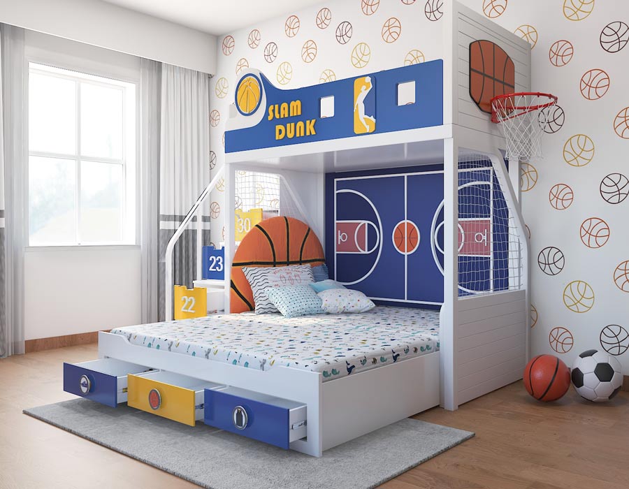 Slam Dunk Warriors colourway bunk bed with same-level trundle pulled out — blue and gold basketball themed kids bed with staircase storage drawers numbered 30, 23, 22, 11