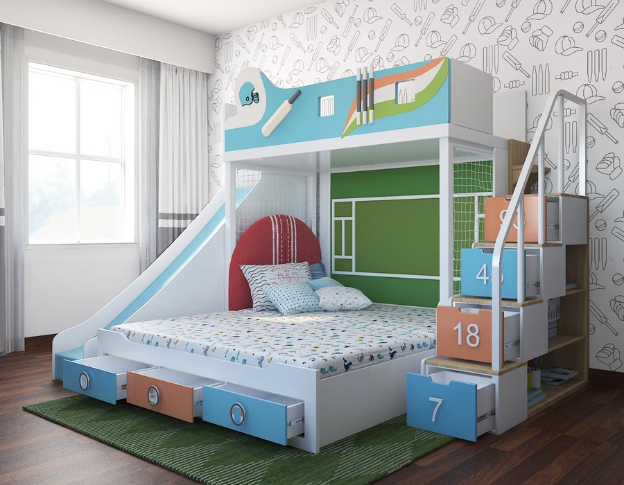 Cricket-themed kids' bunk bed with a pull-out trundle and slide. Features vibrant colors, a green cricket pitch design, numbered storage drawers in the staircase, and an open lower bed with storage compartments. Includes a slide on the left and a playful cricket-inspired wall backdrop.