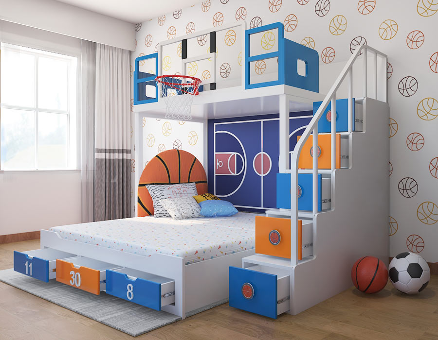 Jordron Knicks colorway bunk bed with same-level trundle pulled out — blue and orange basketball themed kids bed with storage drawers numbered 11, 30, 8