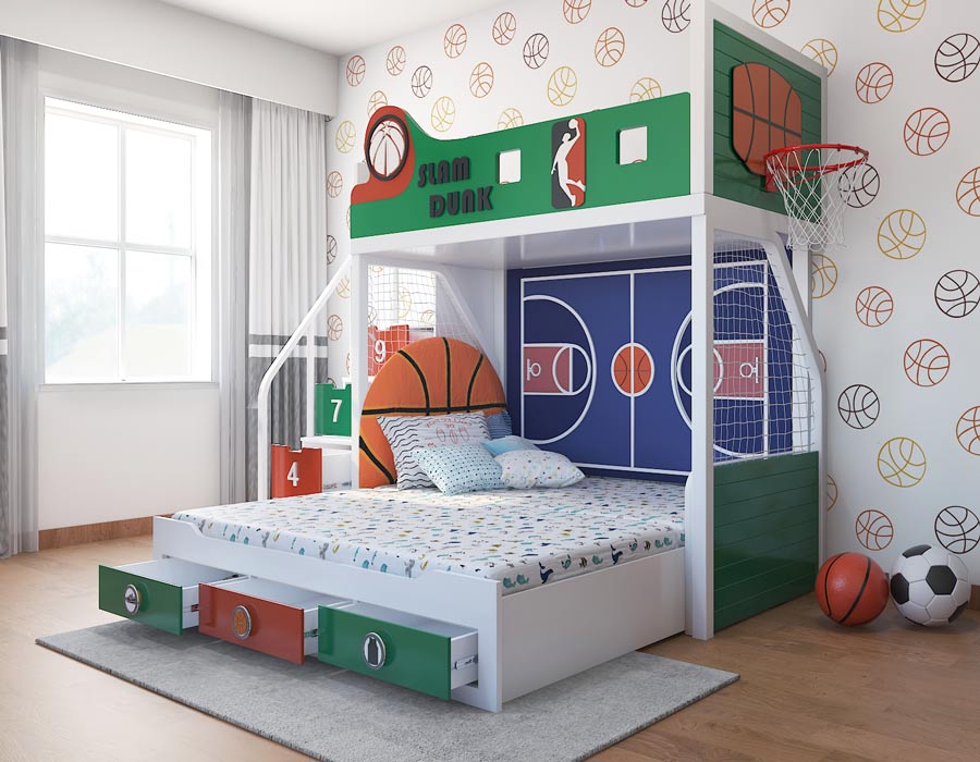 Slam Dunk Celtics colourway bunk bed with same-level trundle pulled out — green and red basketball themed kids bed with staircase storage drawers numbered 9, 7, 4, 0