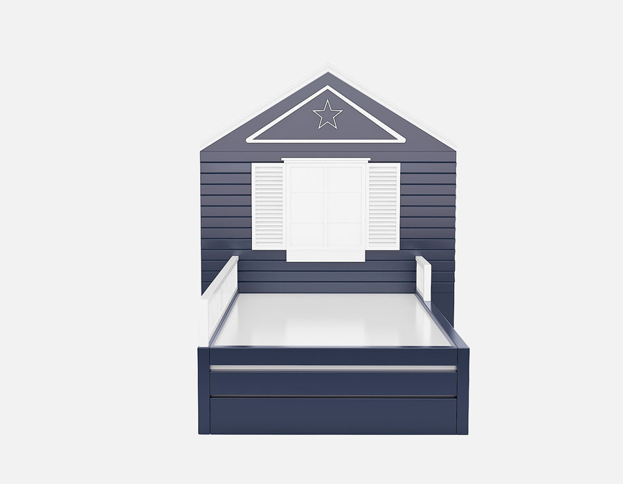 Navy blue children's bed with a unique house-shaped headboard, featuring white shutters and a star decoration. The bed frame includes side rails for safety and combines playful design with a cozy, inviting sleeping space for a child's bedroom.