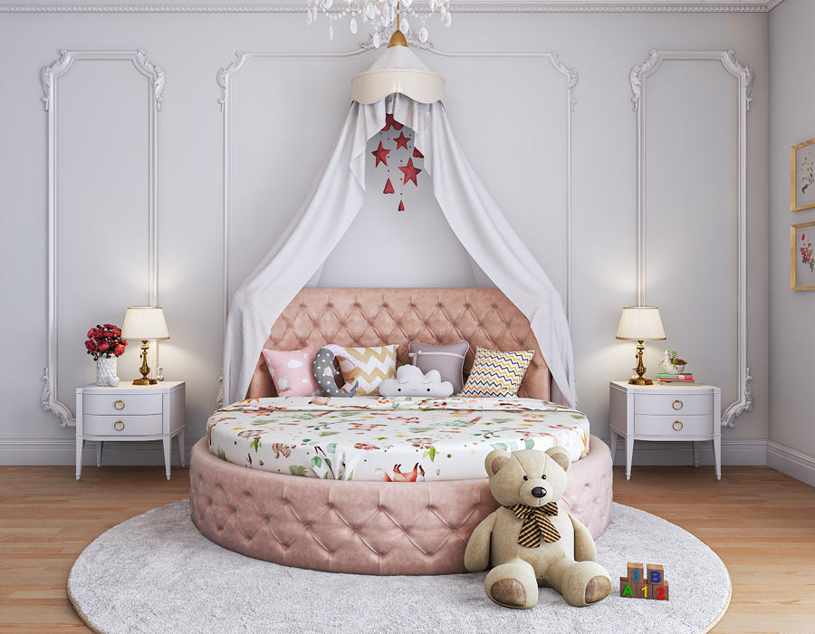 Front view elegant girl's bedroom featuring a luxurious round pink tufted bed with a whimsical canopy adorned with hanging decorations. The room is decorated with classic white paneled walls, a crystal chandelier, and matching pink curtains. Two white bedside tables with gold accents and lamps add a touch of sophistication, while floral wall art and a plush teddy bear create a cozy, inviting atmosphere.