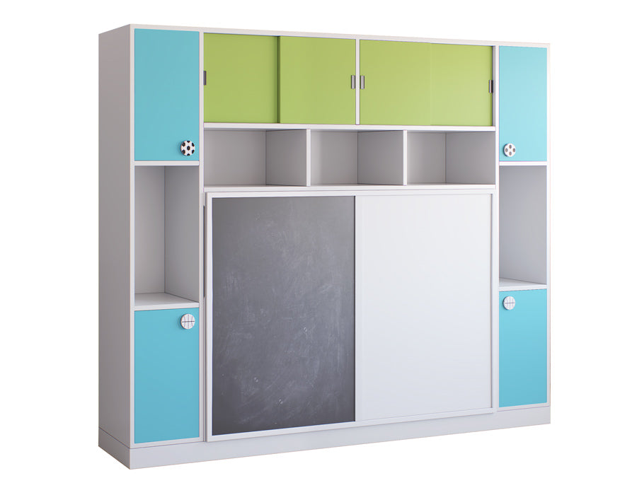 Side view of closed wall bed unit in a child's room with green and blue storage compartments and a blackboard, showcasing smart space utilization and fun design.