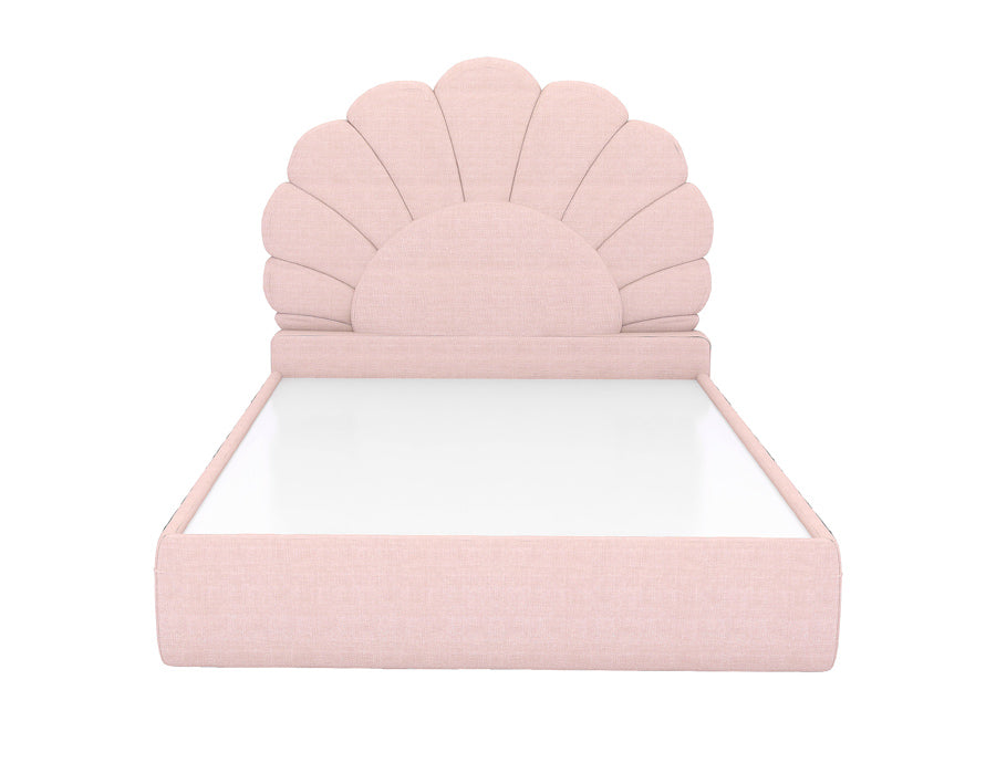 Elegant pink bed with a distinctive scalloped headboard design, featuring a sleek platform base. The bed frame is upholstered in a soft pink fabric, offering a stylish and comfortable addition to a girl's bedroom.