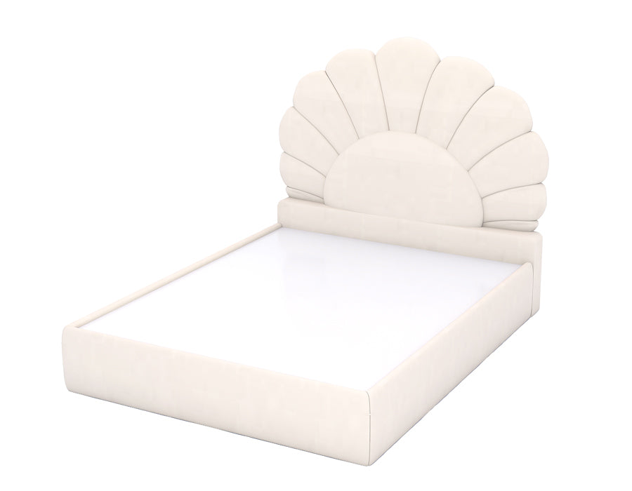 Side view of an Elegant off-white bed with a distinctive scalloped headboard design, featuring a sleek platform base. The bed frame is upholstered in a soft off-white fabric, offering a stylish and comfortable addition to a girl's bedroom.