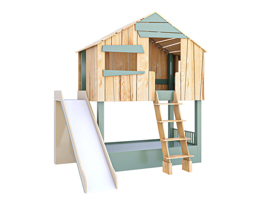 Isometric view of an isolated image of a wooden cabin-shaped children's bed with a smooth slide and sturdy ladder. The bed features decorative green shutters and a natural wood finish, designed to stimulate creative play and complement a kid's bedroom decor.