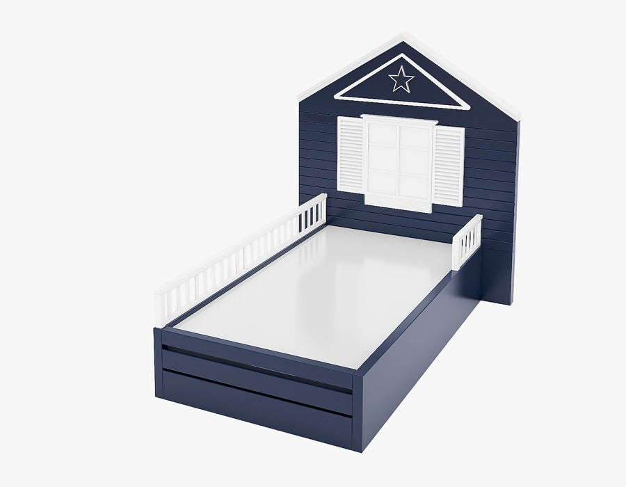 Navy blue children's bed with a unique house-shaped headboard, featuring white shutters and a star decoration. The bed frame includes white side rails for safety and combines a playful house design with a cozy, inviting sleeping space for a child's bedroom.