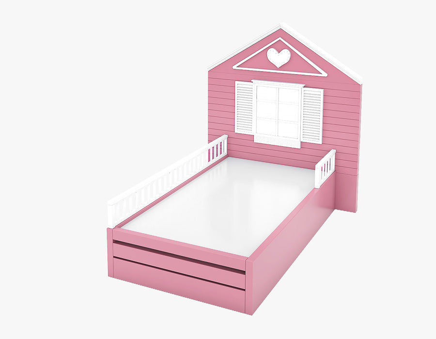 Pink children's bed with a house-shaped headboard, featuring white shutters and a heart decoration. The bed frame includes white side rails for safety, offering a playful and charming design that creates a cozy and inviting sleeping space in a child's bedroom.