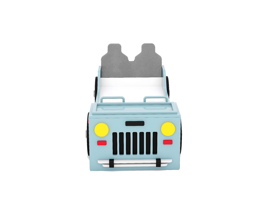 Front view of a children's jeep-themed bed in light blue, featuring realistic details such as headlights, a grille, and a bumper. The bed includes a front storage compartment with a lift-up mechanism. The playful design provides an imaginative and functional sleeping space for kids.