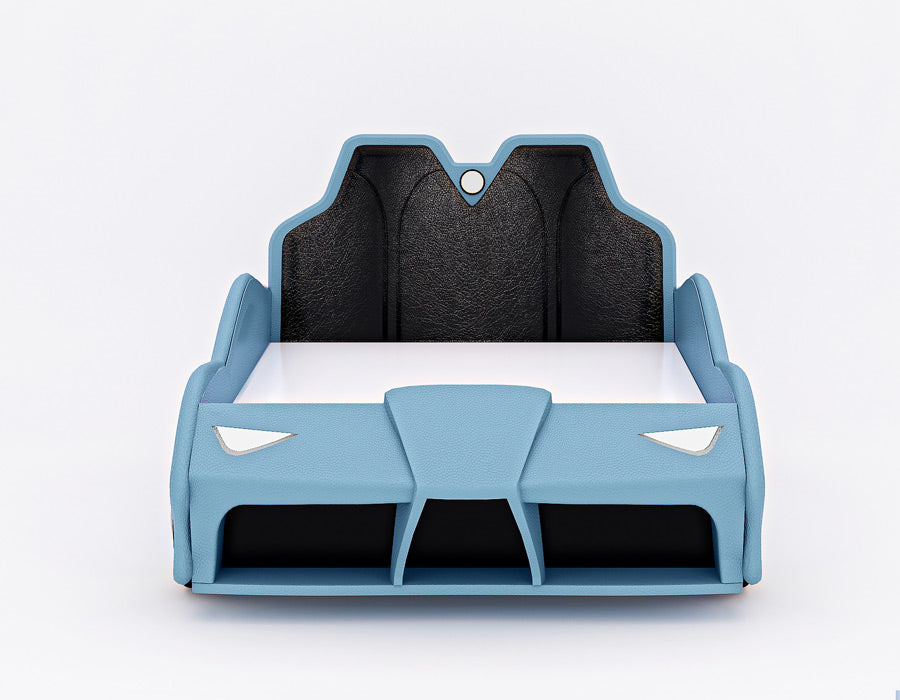 Front view of a blue car-themed children's bed, featuring a realistic car front design with faux headlights and a cushioned black headboard that mimics car seats. The bed offers a playful, automotive-inspired look, perfect for a child's bedroom with a focus on both style and comfort.