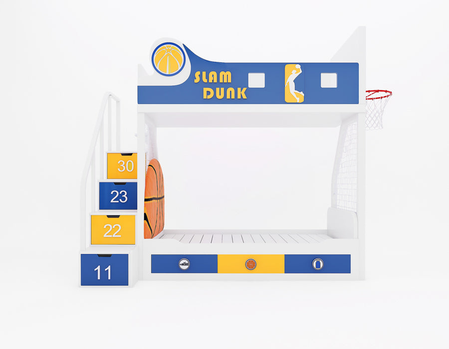 Front view of Slam Dunk basketball bunk bed in Warriors colours showing Slam Dunk banner, Curry-Draymond-Wiggins-Klay jersey number drawers, and side hoop