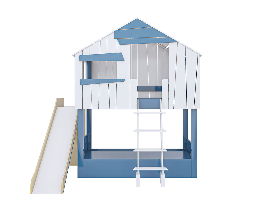 Front view of an isolated image of a wooden cabin-shaped children's bed with a smooth slide and sturdy ladder. The bed features decorative blue shutters and a white finish, designed to stimulate creative play and complement a kid's bedroom decor.