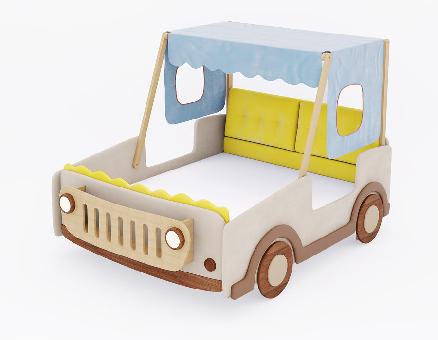 Kids' bed shaped like a jeep, featuring a beige and natural wood design with a yellow cushioned backrest, blue scalloped fabric canopy, and side window details. The playful design includes jeep-style headlights, wheels, and grille, creating a fun and imaginative space for children.