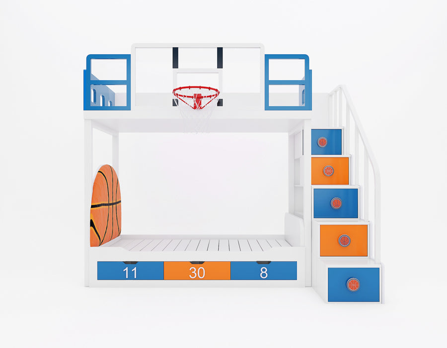Front view of Jordron basketball bunk bed in Knicks blue and orange showing mounted hoop, backboard, jersey-number drawers, and staircase storage