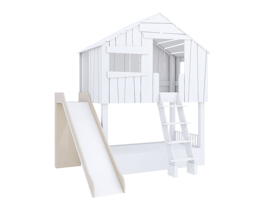 Isometric view of an isolated image of a wooden cabin-shaped children's bed with a smooth slide and sturdy ladder. The bed features decorative white shutters and a white finish, designed to stimulate creative play and complement a kid's bedroom decor.