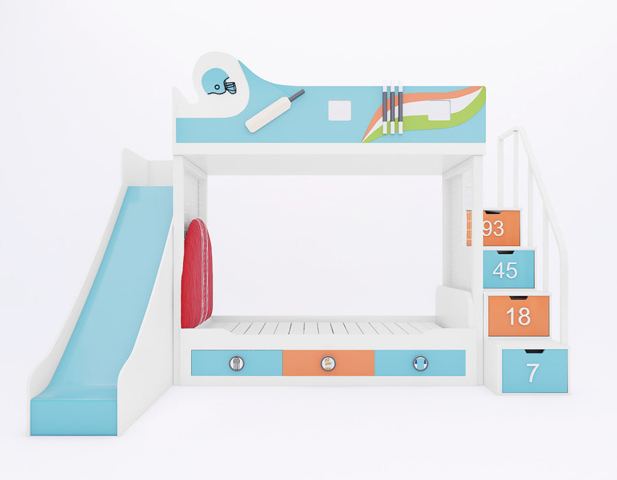 Front view of a cricket-themed kids' bunk bed with a slide on the left and staircase drawers on the right. Features colorful cricket-inspired designs, including a helmet, bat, stumps, and numbered storage steps. The lower bed has pull-out drawers for additional storage.