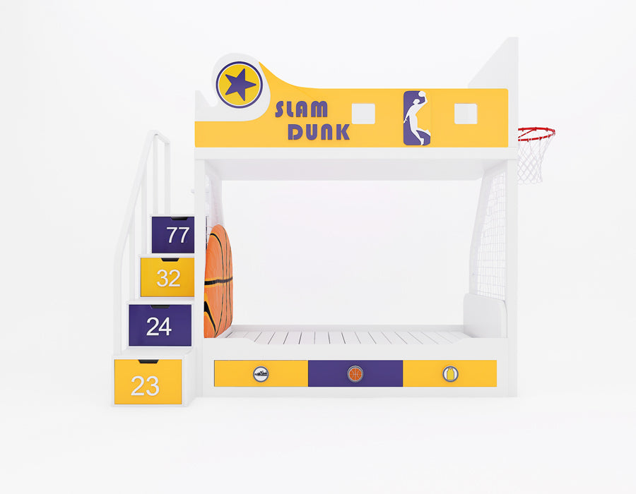 Front view of Slam Dunk basketball bunk bed in Lakers colours showing Slam Dunk banner, Luka-Magic-Kobe-LeBron jersey number drawers, and side hoop