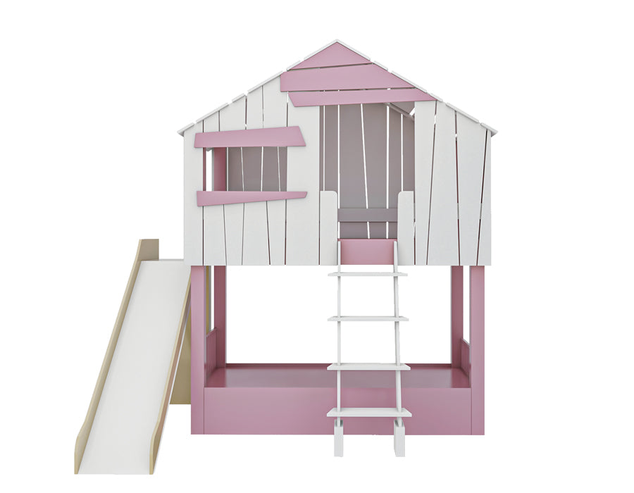Front view of an isolated image of a wooden cabin-shaped children's bed with a smooth slide and sturdy ladder. The bed features decorative pink shutters and a white finish, designed to stimulate creative play and complement a kid's bedroom decor.