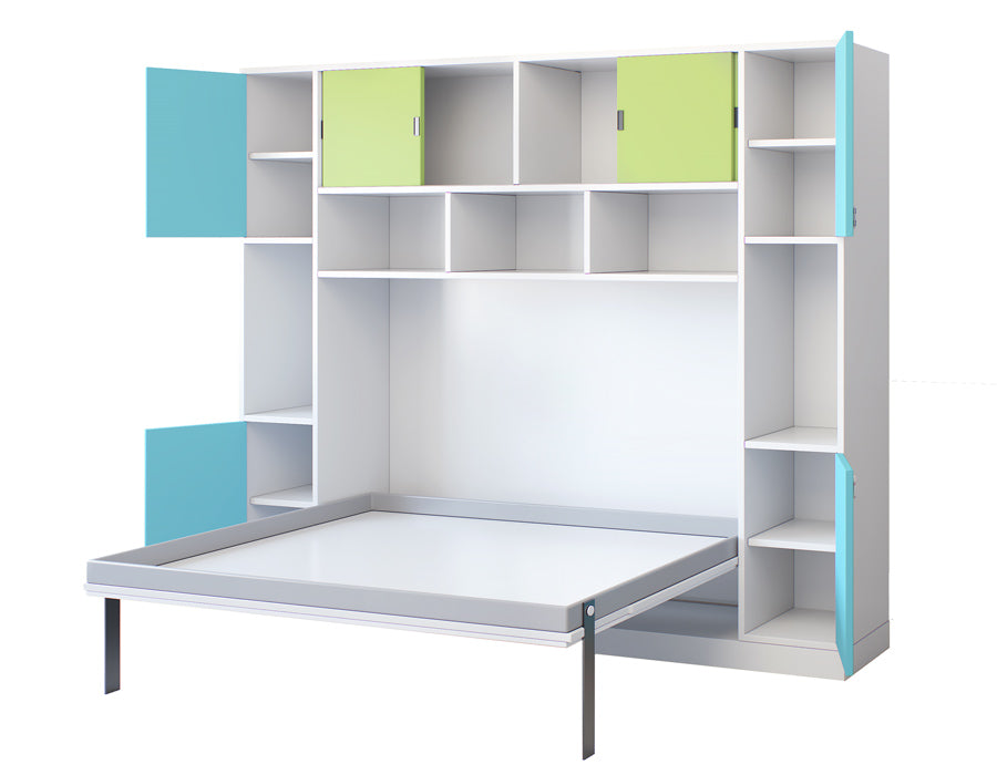 Side view of open wall bed unit in a child's room with green and blue storage compartments and a blackboard, showcasing smart space utilization and fun design.