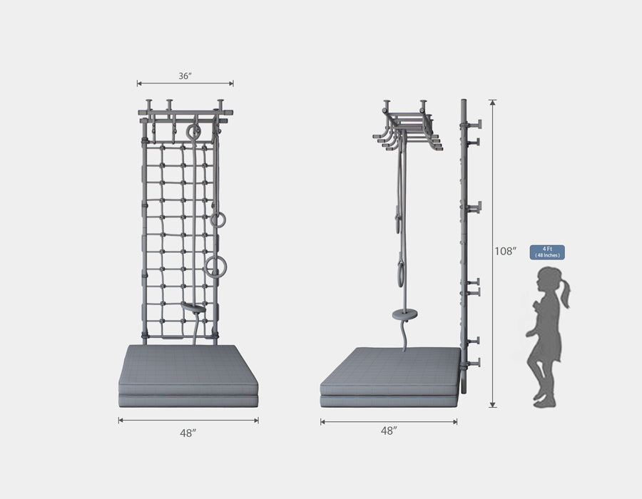 Kids' play set featuring a wall-mounted rope ladder and gymnastics rings, with dimensions indicated, accompanied by a safety mat and a scale silhouette of a child for reference.